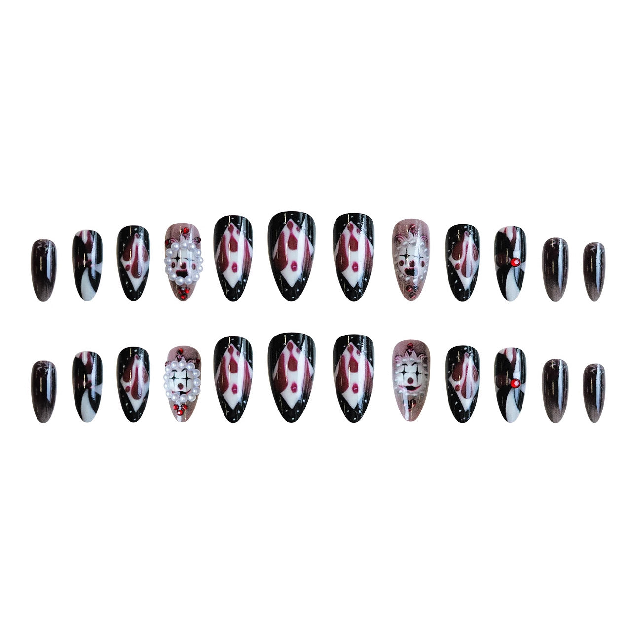 Wholesale Clown almond nail piece  ghost face blood drop stripes diamond wear armor